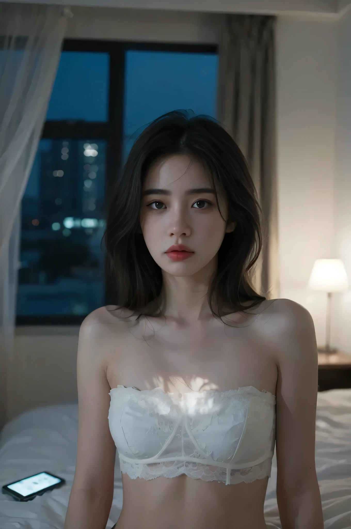 (((best quality))),(((ultra detailed))),(((masterpiece))),illustration,((a beautiful young girl,solo)),((slim,thin)),((small breasts,flat chest)),((sweat,wet)),(in dimly lit bedroom:1.5),(Extremely dark light:1.5),(after bath:1.2),(strapless towel dress:1.3),(long straight bob:1.2),((fair skin,detailed eyes)),bare legs,amber glow,soft shadows,steam,iron bed frame,nightstand,wardrobe,curtains,mystery,intimate setting,shivering,solitude,tranquility,(summer:1.2),(night scene:1.5),fiery passion,captured moment,snapshot,serene beauty,(sitting on the bed:1.3),((from front,upper body))