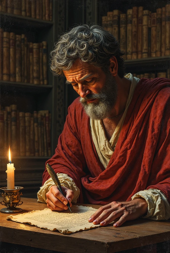 Close up of marcus Aurelius seated and writing something on a scroll ...