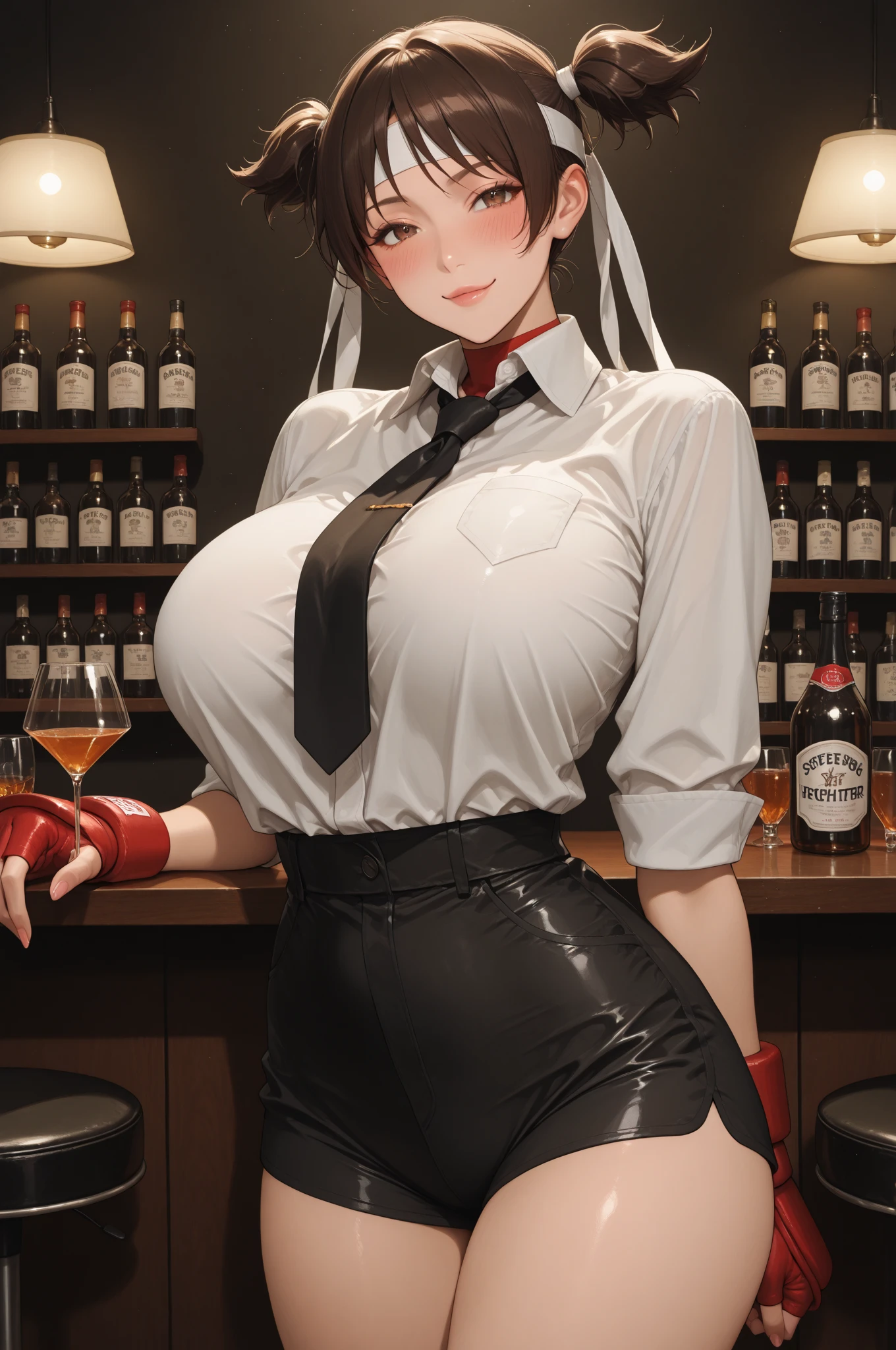 ((((masterpiece, best quality, high resolution)))), Extremely detailed 8K, Beautiful girl with voluptuous body, (Ultra HD, Ultra-detailed, Highly detailed, Highly realistic, Ultra-realistic, photograph realistic), (1girl:1.5), (Realistic black hair), (short wavy hair, earrings), (dynamic poses), facing at camera, looking at viewer, (blushing red, embarrassed, smile), (blue eyes, sharp eyes), (perky breasts:1.2), (beautiful detailed face, beautiful detailed eyes), ((black Playboy bunny, pantyhose, fake rabbit ears)), (leaning against counter), sweat, glow, (night), ((cowboy shot)), jazz bar