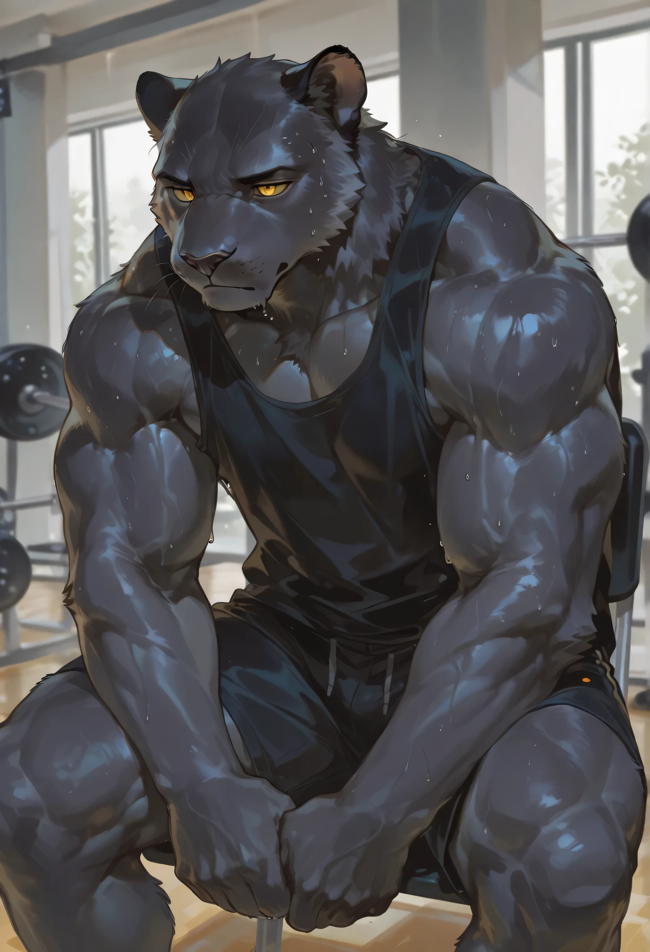 1 uncle，Black Panther，furry，golden eyes，grey fur ，uncle， Adult，  solo，Calm， has an expressionless ， Gym，Chest muscles，Abdominal muscles，shorts，Sweat，Top Quality，8K， without a top，Wipe your sweat while sitting on a chair
