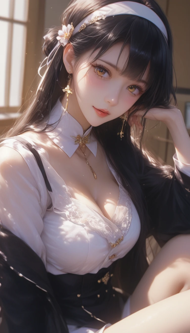 Cool career woman、Big Blouse、Black hair half-up、chin mole、Tipsy from alcohol、Hotel