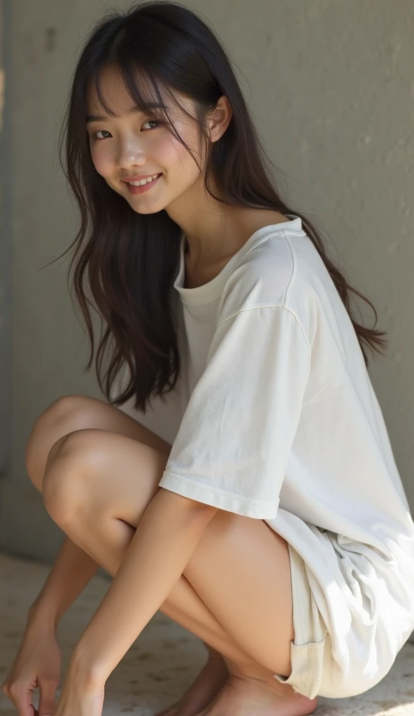 super smile, emphasis on chest, (8k, RAW photo, best quality, masterpiece: 1.2), (realistic: 1.6), (masterpiece), (best quality: 1.0), (super high resolution: 1.0), detail, 40s, one, detail beautiful skin, detail room, ,realistic skin, middle breast, best quality, ultra high definition, cute, long hair, smile, , white shirt, , sitting on bed,