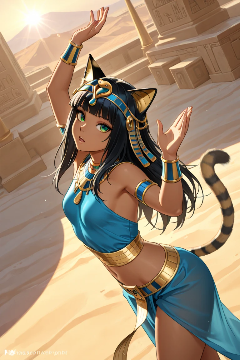 masterpiece, best quality, ultra-detailed, epic lighting, cinematic composition, 1girl, catgirl, ankha (animal crossing), pale white skin, cat tail, cat ears, short black hair, bangs, ( transparent clear white dress), busty, sitting, (from below), (looking at viewer), egyptian makeup, egyptian queen, egyptian open clothes, sensual, sexy, expressionless, outdoors, desert, sand, oasis, palm trees, river, pyramid, 8k, rgb, night, light rays, edc, rave, highres, lens flare, led,