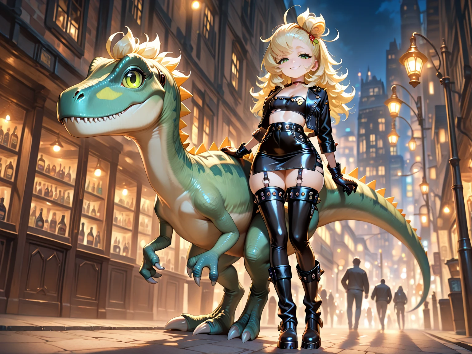 ((Ride a crocodile-shaped bike along dirt roads)),Beautiful anime woman wearing a leather jacket、30Beauty of the same age、(Huge breasts:1.1),high resolution、8hair,Digital Art,{{{highest quality}}}, {{Very detailed}}, {figure},{{{Tabletop}}},