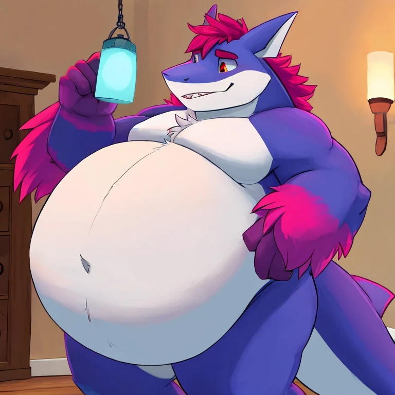 Garchomp, mawshot, bulge in throat, bust, vore, blushing, massive belly, obese