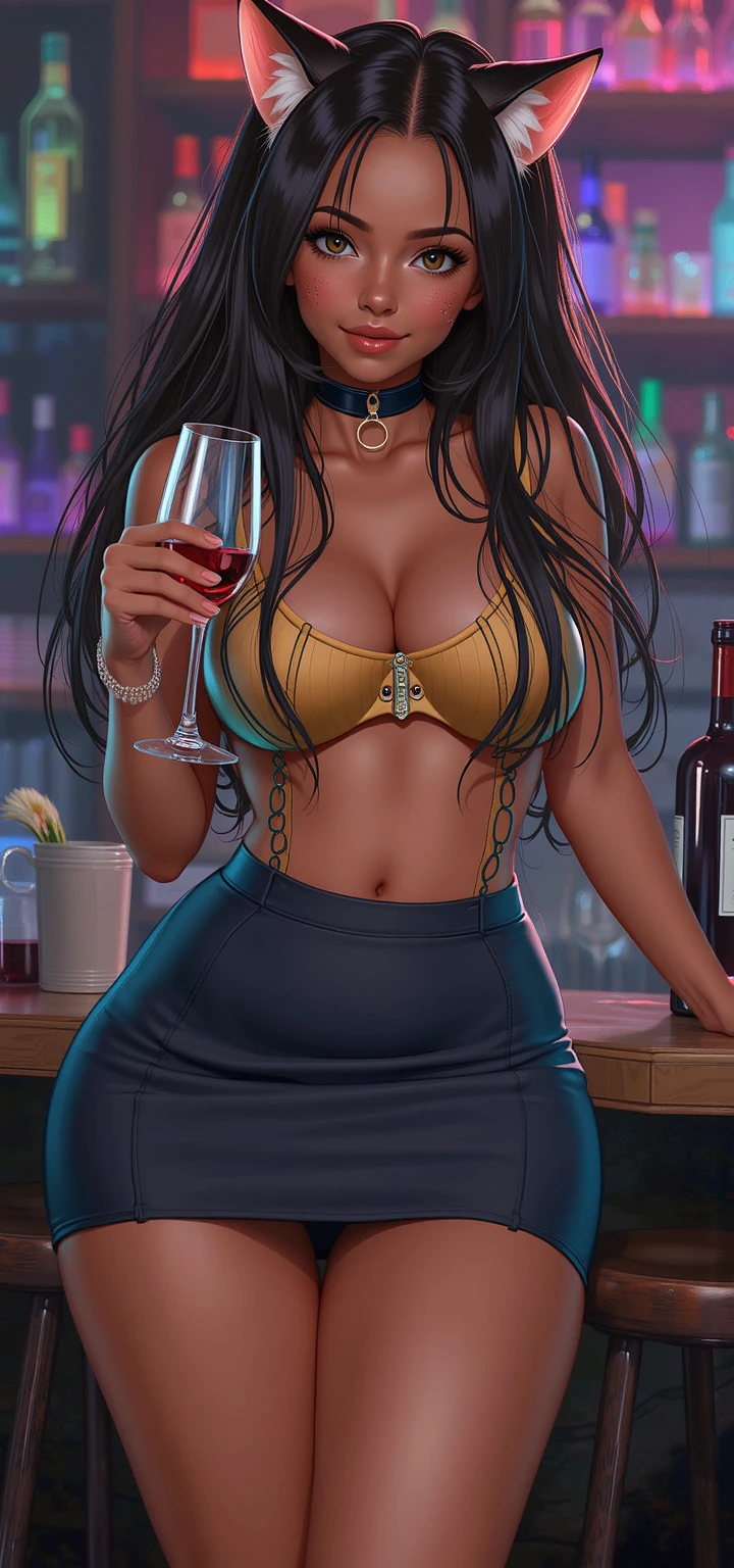 (masterpiece), best quality, expressive eyes, holding a wine glass, standing, cute girl, garden background, perfect face, black ebony skin, half naked, large open neckline, perfect shaped body, long hair, black hair, orange eyes, large breast, big breasts, black skin, ultra realistic detailed orange eyes, long and open hair, looking at camera, innocent eyes, innocent face, very cute anime girl face, black skin anime girl, cute smile on her face, flower necklace on her head, wearing flower bracelets on her hand, thigh legs
