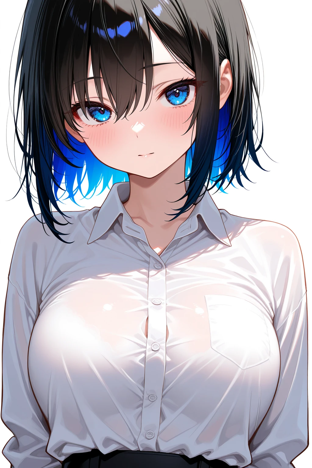 Highest quality,wonderful,finely,Highly detailed CG Unity 8k wallpaper, (1 Girl,Black Hair, blue eyes,short hair, Double Bang), (Small :1.2), (Black T-shirt:1.1),  (clavicle:1.1), Shorts、Smiling Kindly、smile、 (Open your mouth to make the sound of the letter O:1.2), (zettai ryouiki:1.2),(narrow:1.2), (Are standing:1.2)、(((Solid white background)))、Facing the camera