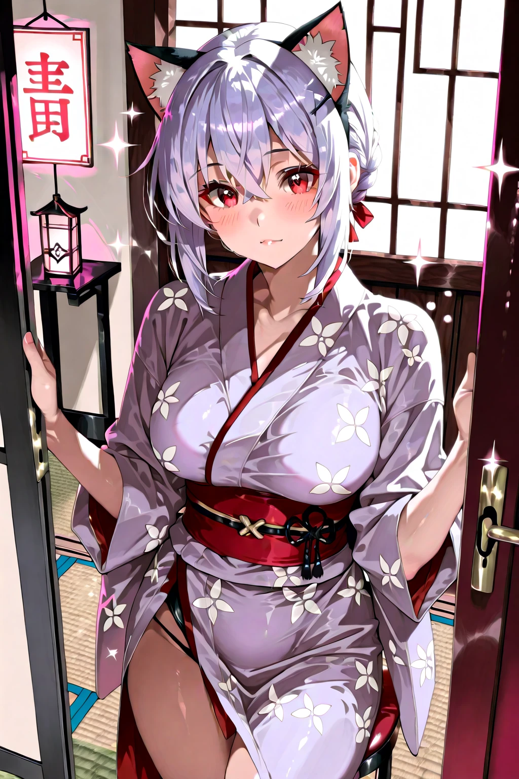 A 18 years old Japanese lady(( small breast, slender)),((put her hands on her mouth )), bluish gray medium hair(( voluminous side undercut hair ))(( much shaggy forelock:1.3)),((hair over both eyes completely:1.5)), tidy yukata ((dianthus patterns )),Japanese style coat((cherry blossoms color )),(( half moon motif’s hairpin )) , shiny pink big round droopy eyes, blush and passionate smile, fearless atmosphere,tongue out, best quality, break (((off shoulder))),(((thighs))), BREAK (medium breast, bare breasts:1.7), (cum on clothes:1.3),(lying, vaginal , sex:1.5),( gangbang:1.6), (cum in pussy:1.3), looking at viewer,, pussy, uncensored, arms up, (pov:1.5), bangs, solo focus