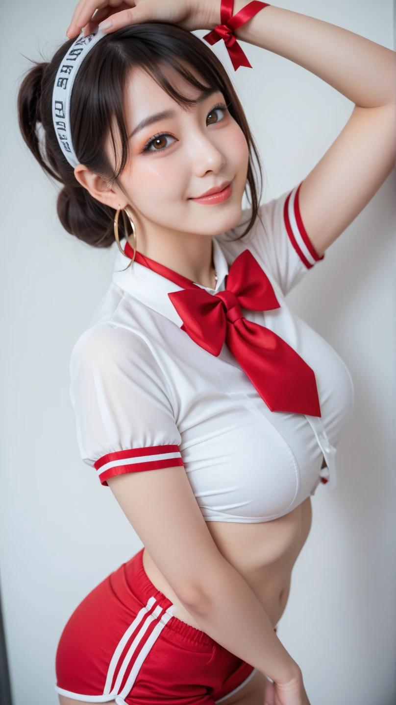 (((very huge round breasts))), (full body shot), short hair, wavy hair, (school uniform, summer school uniform shirt), skirt, sleeveless, RAW photo, extremely delicate and beautiful, masterpiece, Best Quality, ultra high resolution, 16k, hyperrealistic, ultra-detailed, Very detailed CG 8k wallpaper, Beautiful Lighting, Perfect Lightning, Realistic Shadows, perfect anatomy, super Detailed shiny skin, perfect figure, Japanese woman, late 20s, very Slim body, narrow waist, very small head, handsome detailed woman, very detailed eyes and face, realistic face proportions, Stunning detailed eyes, Realistic beautiful face, very small face, Realistic small beautiful eyes, double eyelids, makeup, tearful mole, mole on chest, earring,