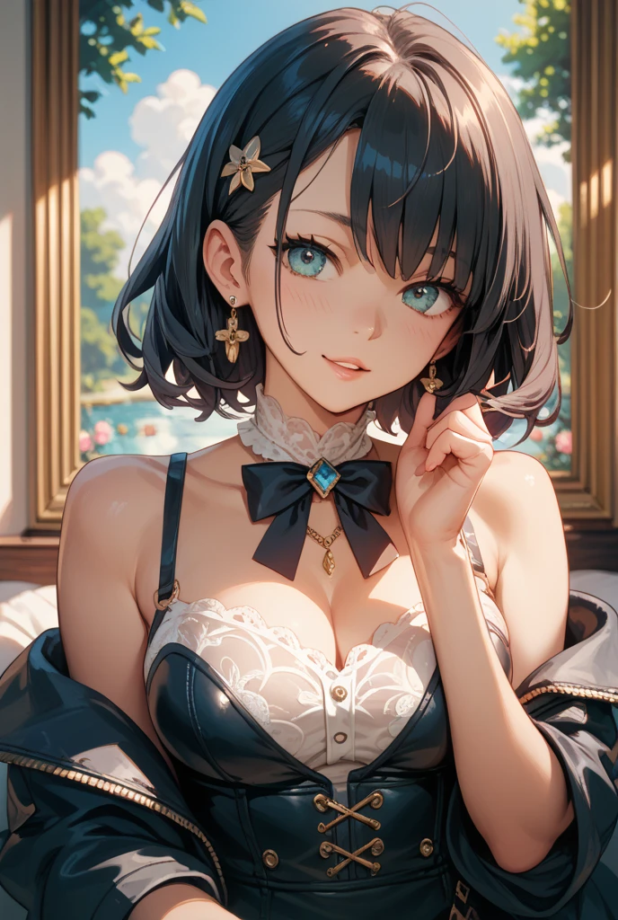 {masterpiece},{Highest quality},{One girl}, cute, wonderful, Beautiful attention to detail, Iris, short hair, Black Hair,In detail,Depth of written boundary,Highly detailed CG,original, Highly detailed wallpaper,Upper Body, View your viewers