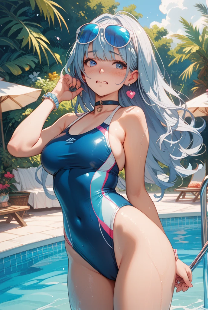 masterpiece, best quality, highres, seraphine1, 1girl, solo, blue hair, k/da \(league of legends\), very long hair, multicolored hair, ponytail, blue eyes, earrings, two-tone hair, large breasts, poolside, micro bikini, smile, open mouth, sitting,