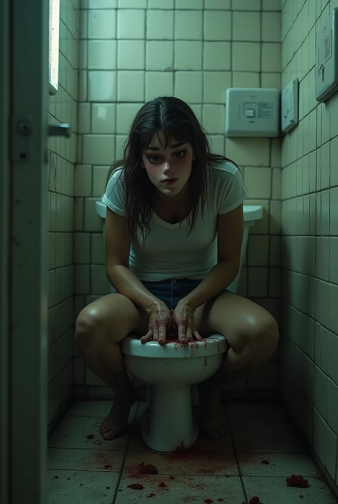 woman scary restroom angry sits on toilet bloody