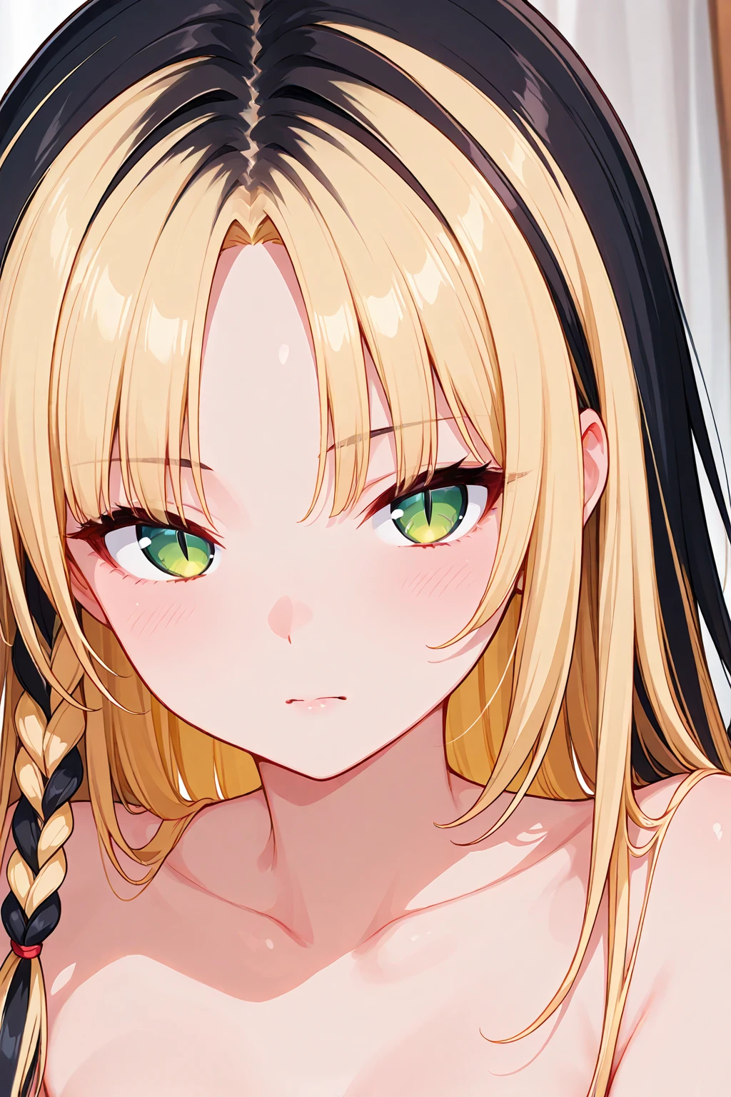 Blonde hair, Choker, (Green eyes:1.5), Long hair, Tank top, Pajamas, Sweat, Lying on bed, Blush, Cheek sticker, Rest (Masterpiece:1.2), Top quality, High resolution, Unity 8k wallpaper, (Figure:0.8), (Detail beauty:1.6), Detailed face, Perfect lighting, detailed CG, (perfect hands, perfect anatomy),