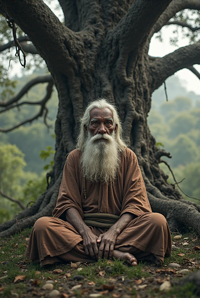 A 60 year old Sadhu is sitting in the middle of a forest, with five 40 year old Sadhus standing with folded hands, whose hair is white, skin is fair, clothes are saffron. captured in an ultra-realistic full HD 4K portrait, detailed texture showing its menacing shape, Immersive atmosphere, high definition shadow play, digitalpainting, nevoa no environment.