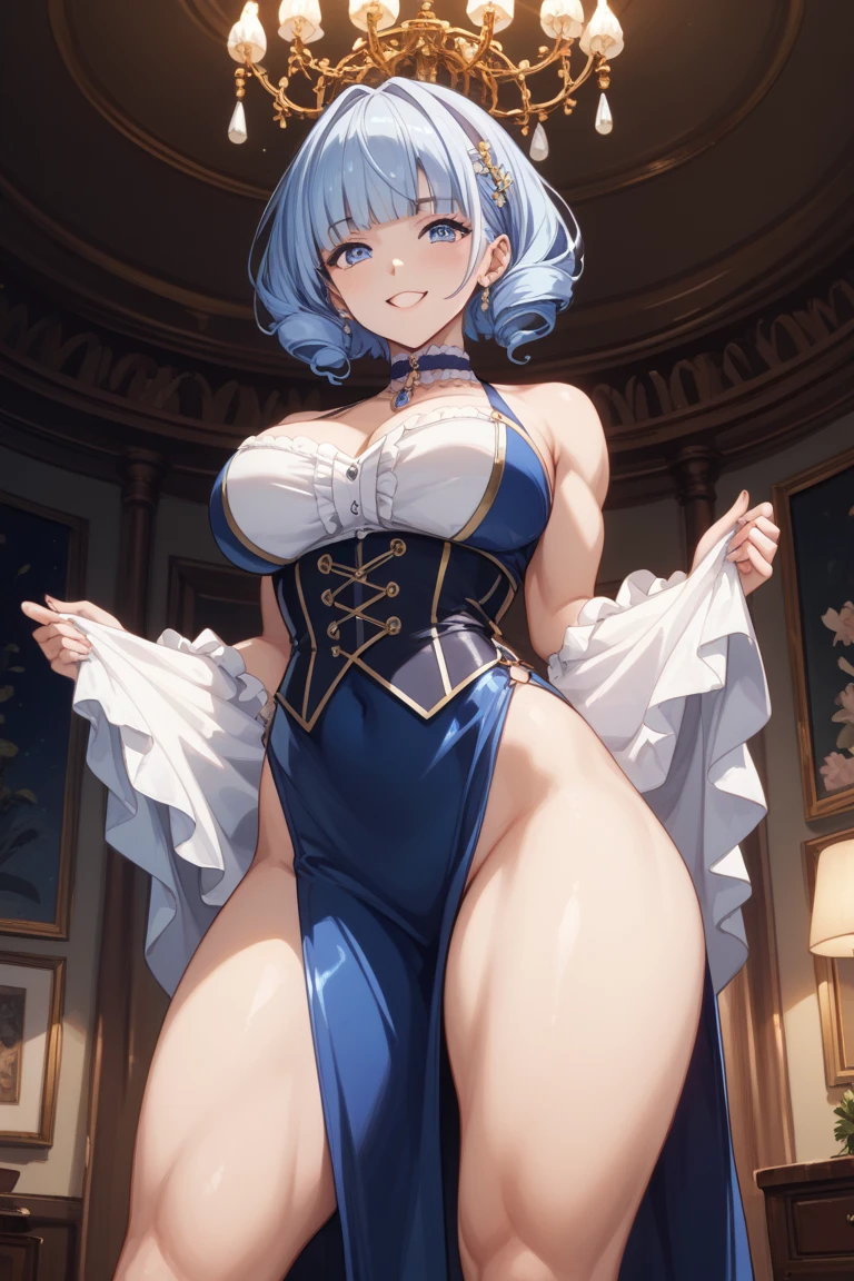 sexy santa claus, ortanaH, short hair, blue eyes, blue theme, blue skin y ojos extremadamente detallados, wearing Christmas lingerie with Christmas stockings and garter belts, pechos enormes, mostrando escote, muslos gruesos, cintura delgada, plomada, Sentada en una silla con las piernas cruzadas
