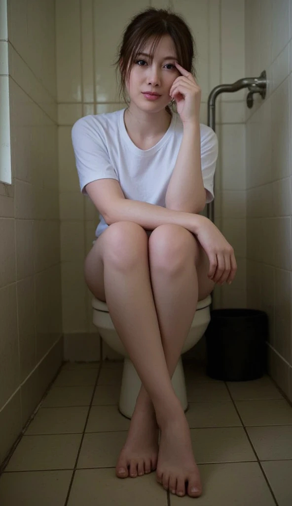 (A teen girl is urgently peeing on a urinal in the men’s restroom) (Realistic) ) sitting on on a urinal peeing