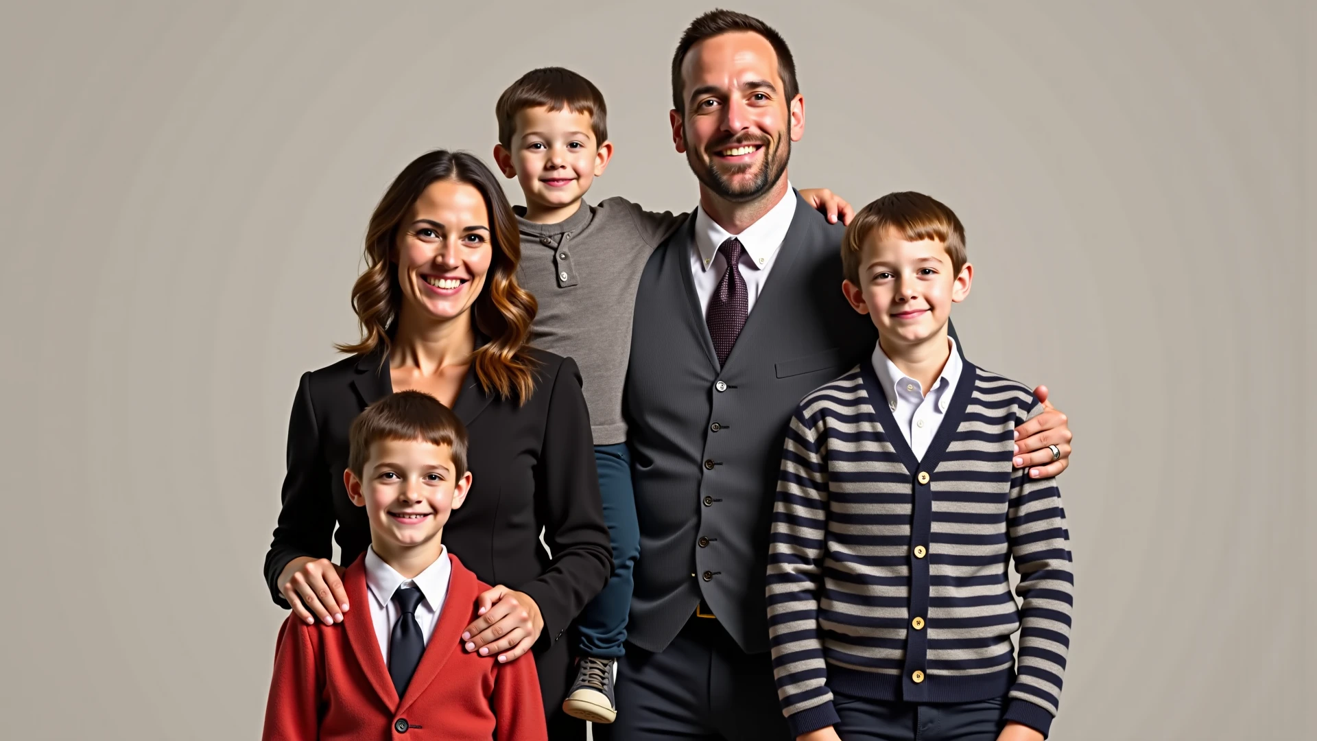 formal family picture, one mather and father, two girls and two boys
