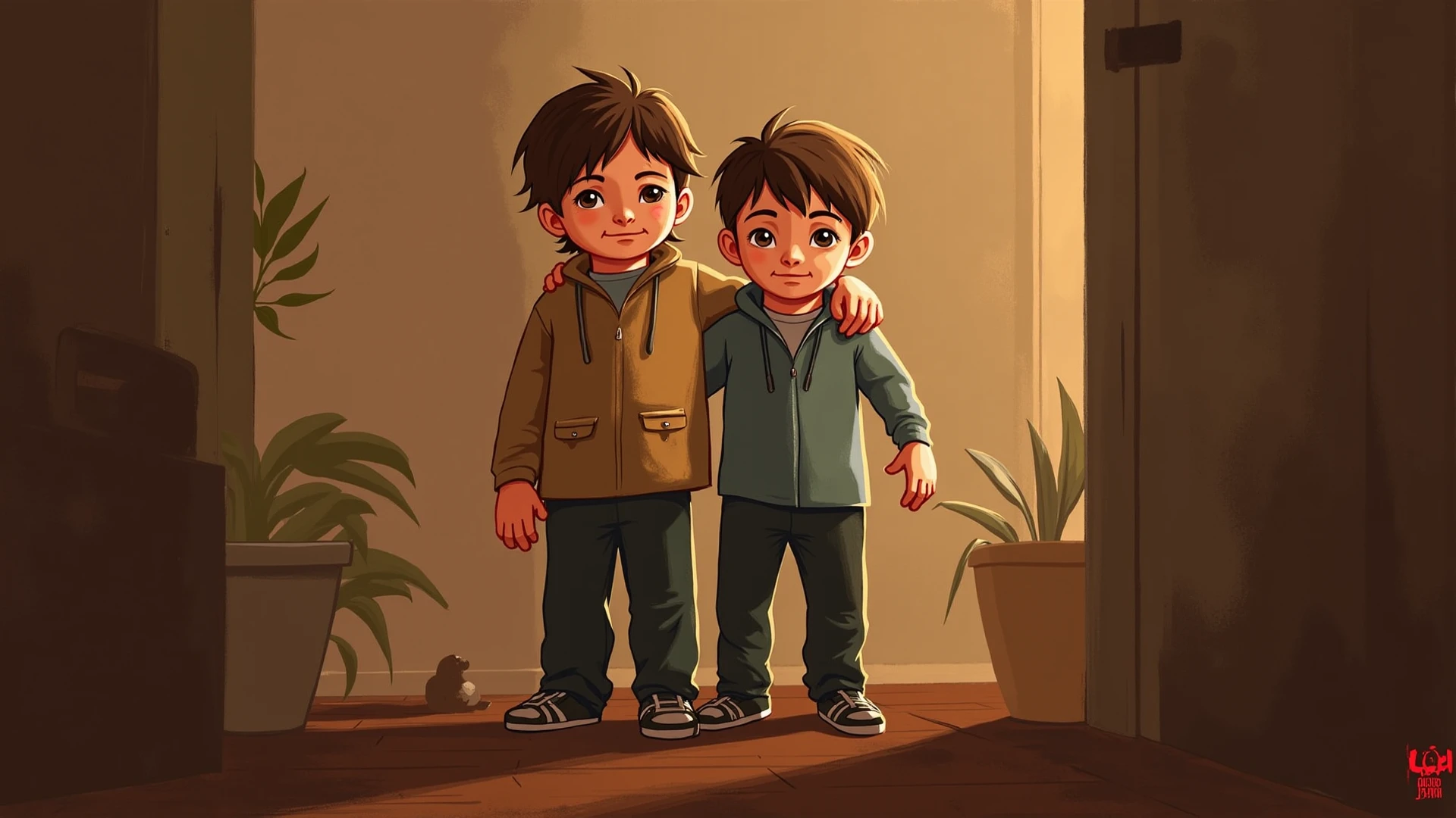 Realistic portrait of a seven-year-old boy, He wears a red shirt . His face is childish and exploratory . He goes out cautiously into the garden of the house,  A small cat is among the bushes and he touches it cautiously ,Not facing the camera,, Hair is untidy , 