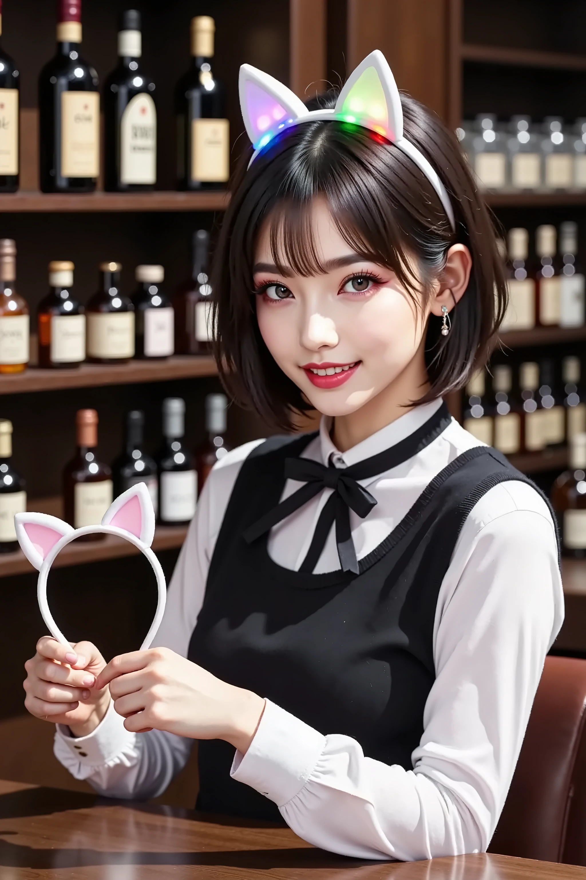 A store that imitates a dark and chic bar ((behind the counter there are lots of cat ear headbands displayed instead of bottles 2.0)), bartender women holding out a white cat ear headband on a table wearing a black bow tie, white shirt, and black vest with colorful glowing cat ears headbands, ((2.0))