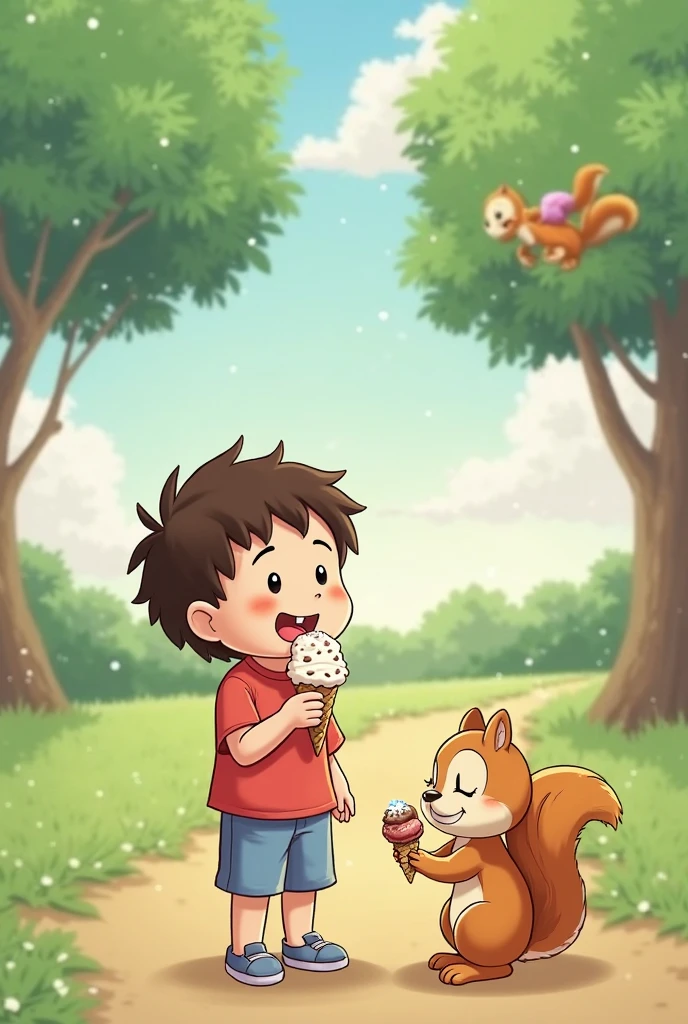 generate a cartoon boy with glasses eating hotdog in the forest