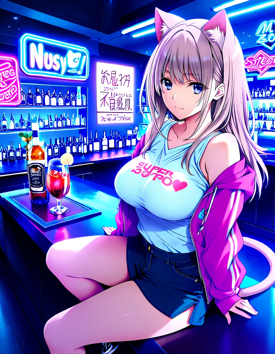 ((Masterpiece)), best quality, absurderes, ultra detailed, holographic, cowboy shot, super cute girl, mature girl, super beautiful asian girl with very beautiful violet glowing eyes, beautiful glowing white multicolored hair, nice and sexy body, slim body, perfect body, wearing super tight anime printed boxers, an anime printed super tight shirt, super aesthetic pink jacket, looking to a glowing mirror, seeing a different version of her from other universe