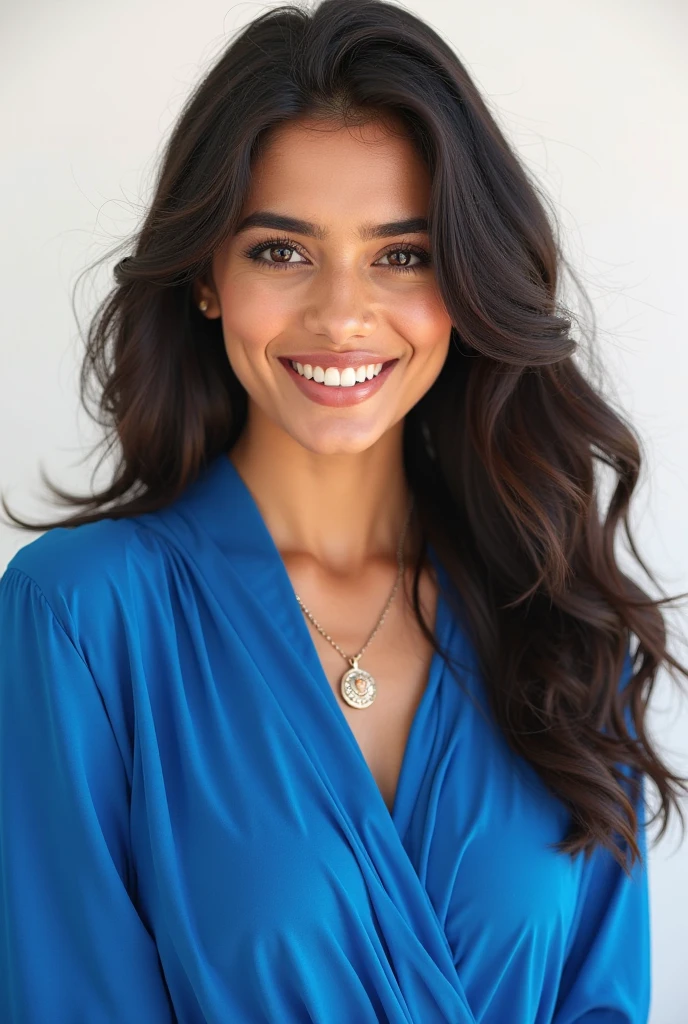 headshot photo of Tripti Dimri woman, studio quality, subsurface scattering, blue indian dress, looking at camera canon 5D, realistic skin texture, smiling, simple background<lora:Tripti_Dimri_SDXL:1>