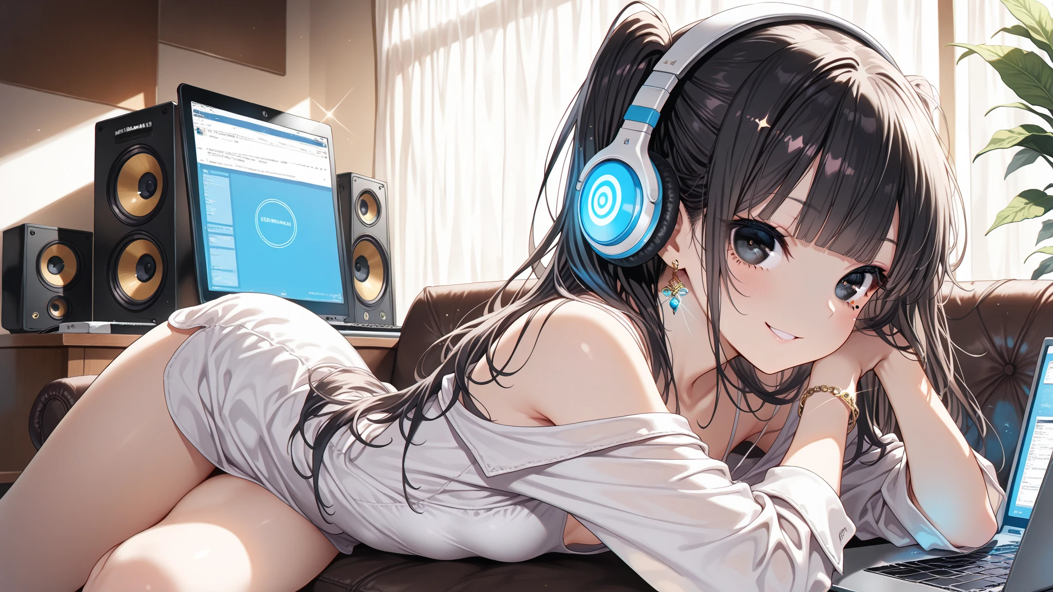 anime girl wearing white headphones, wearing a Calvin Klein underwear, black hair, 29 years old, white gaming PC, white gaming chair, Exposed cleavage, big breasts H-cup, accentuate the cleavage, accentuate big, wearing a black garter belt, revealing skin, Owner of beautiful legs, nice legs, lovely pins, lofi girl anime vibes, lofi artstyle, anime style 4k, anime aesthetic, nightcore, lofi feel, lofi art, anime art wallpaper 4k, anime wallpaper 4k, lofi vibes, plants in the room, city view, white headphone, she is programming using PC keyboard, white keyboard, She is looking at a white monitor, a white computer mouse, devises are white color, sitting on a white gaming chair, Heavenly music that fills the air, one thick candle is lighting, Night city lights illuminate the room, full moon, short ponytail, Full body shot, full body, anime style, cinematic lighting, Sony FE GM, masterpiece, best quality, 4K, highres