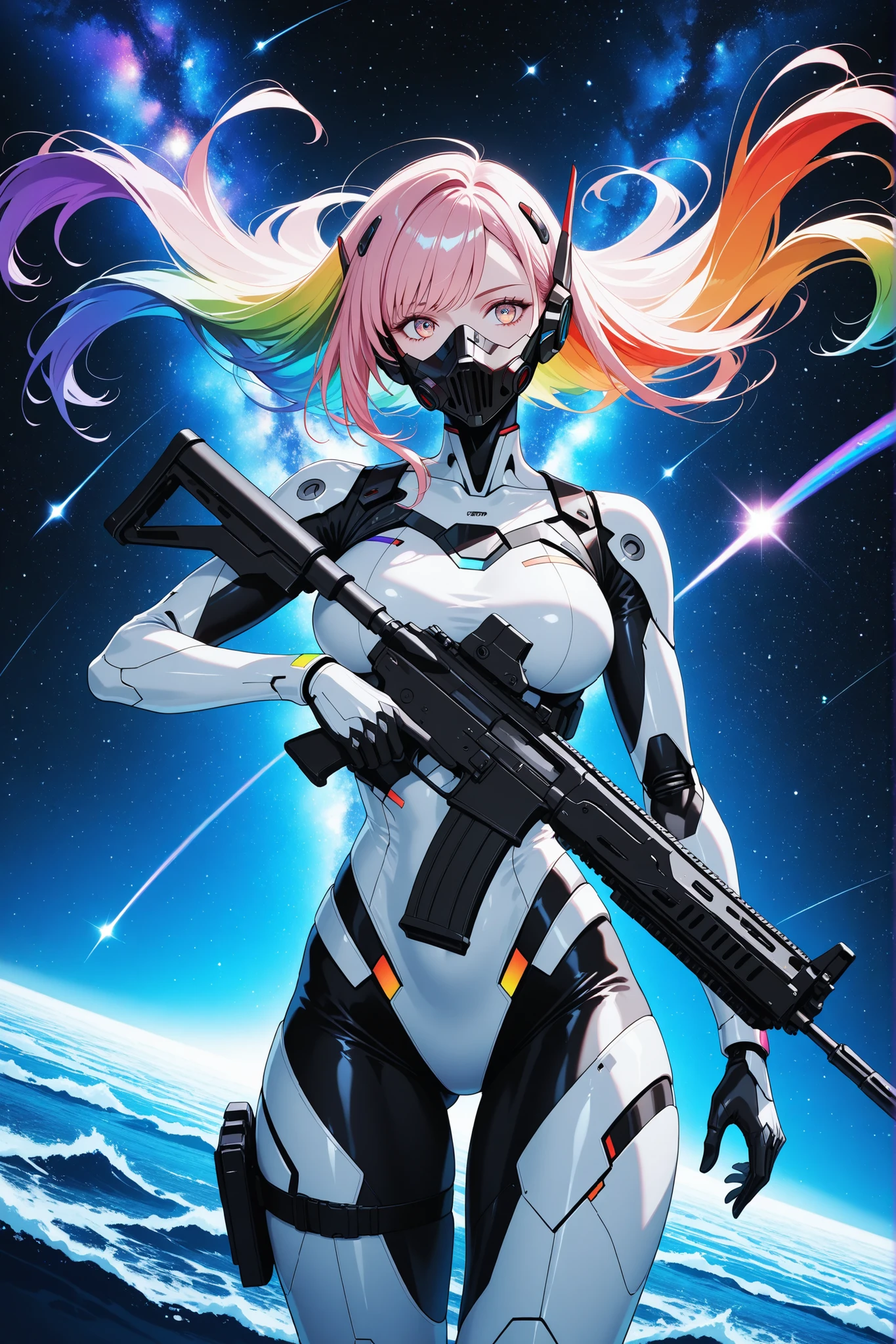 SF, highest resolution, dynamic composition of the space war,
Female Cyborg, solo, shoot with an assault rifle wrapped in ocean waves, protective equipment with space-time motifs,
Holographic galaxy background , transparent and colorful , Rainbow Wind, maximum number of colors that can be output,
BREAK A muzzle directed at you, lover, will aim for you when you stare closely, Dynamic Crop,
Shoot with。A fierce cyber front unfolds against a beautiful deep sea backdrop, WOMEN'S SHOOTING POSE