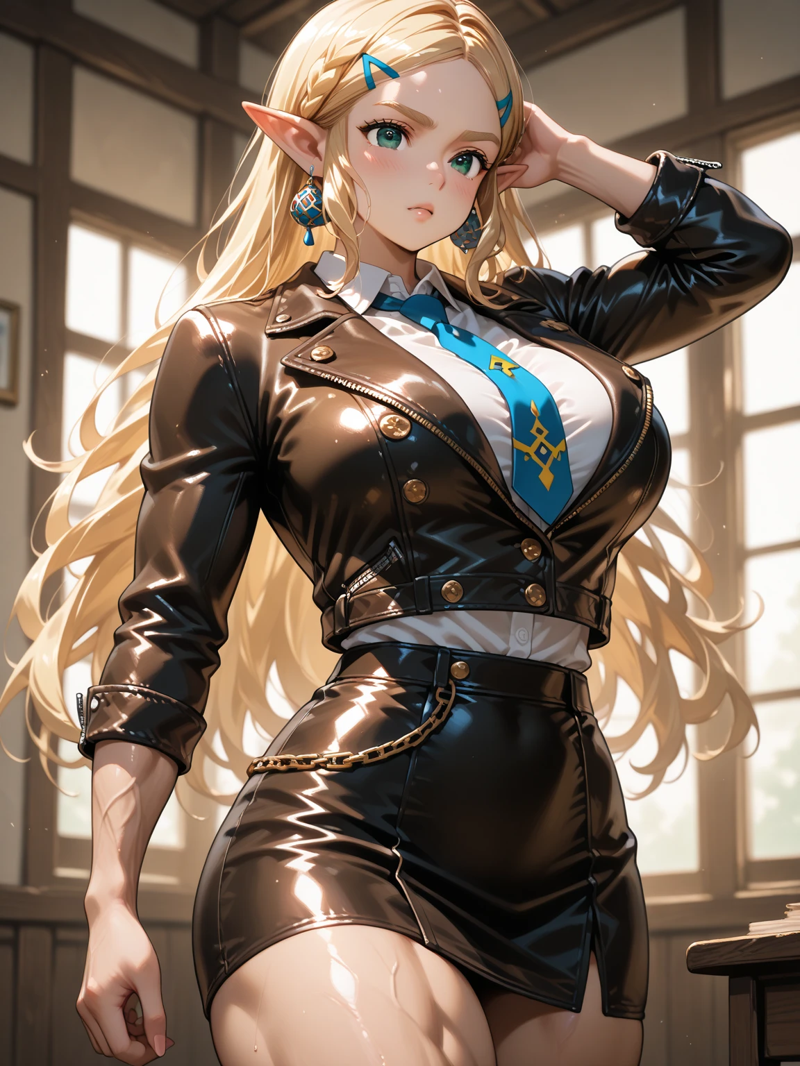 Woman in steampunk costume, wearing steampunk outfit, steampunk fantasy style, (Steampunk), steampunk beautiful goddess, steampunk beautiful woman, Steampunk style, steampunk fantasy, steampunk inventor woman, long blonde wavy hair, bangs covering eyes, blue eyes, white skin, serious dignified face, burgundy lips, brown tight leather pants, brown low-cut leather vest, brown long leather boots, standing on a metal platform Set in a steampunk world, vivid steampunk concept sultry look, seductive,