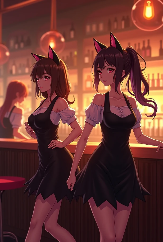 a cute nude cat girl with your daughter, wearing lipstick, with oversized breasts, smiling, focus on the huge breasts, digital art, hyperrealistic, 8k, photorealistic, highly detailed, intricate details, cinematic lighting, vibrant colors, warm color palette, masterpiece, wet, in the bathroom, black hair