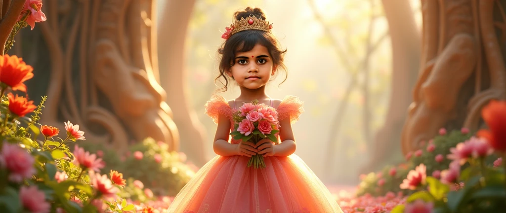 Indian baby girl wears a barbie suit and sitting near the river with red and yellow neon lights