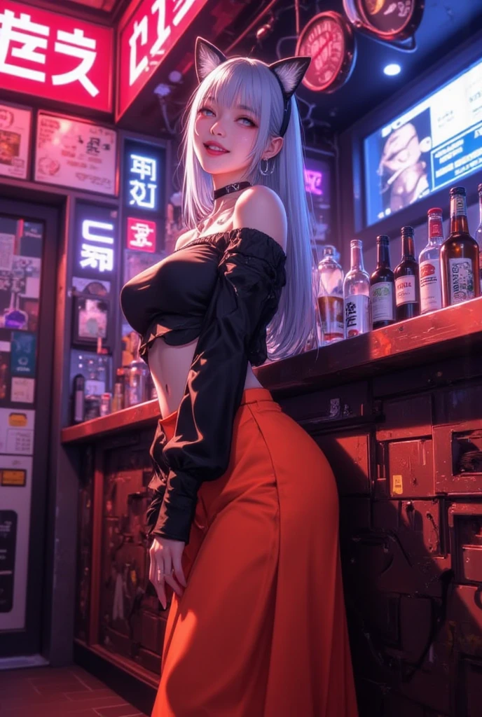(masterpiece:1.3), high resolution, ultra detailed, extremely detailed CG unity 8k wallpaper, realistic, photo-realistic, RAW photo, beautiful detailed face, pale skin, realistic glistening skin, detailed cloth texture, detailed hair texture, Perfect body, white hair, Beautiful Face, accurate, Anatomically correct, Highly detailed face and skin texture, Thin legs, Thin feet, BREAK, Detailed eyes, symmetric eyes, Double eyelids, Thin eyebrows, (Glossy lips:1.4), (gently smile:1.2), BREAK, (nsfw:1.2), (A Classy and Cute girl:1.3), (1 girl, one girl), ((wearing a sleeveless high neck midriff sweater:1.3)), (White pleated mini skirt), (long boots), (wearing glasses:1.1), (medium large breasts, slender figure, firm abs, firm breasts:1.2), beautiful clavicle, ((asymmetrical bangs:1.2)), BREAK, ((dancing in the indoor night club at Roppongi in Japan:1.3)), (((Very dim lighting, Colorful neon lightrom below:1.2), (looking down at viewer:1.2), ((Focus on face:1.2)), (Full body shot:1.2),white hair, freckles, red eyes, long hair (pink theme), ((gyaru style)), decorated room, glowing aura,,(masterpiece, best quality:1.4), (beautiful, aesthetic, perfect, delicate, intricate:1.2), (cute, adorable), (depth of field:1.2), cinematic shot, natural lighting,1girl, beautiful hands, nail polish