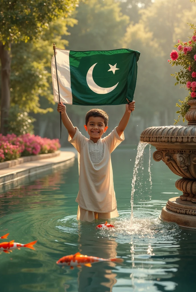 Generate a Realistic boy,Wearing a shirt print is like pakistani flag and ❝SHAMSHER" is written on his t-shirt and the boy is standing on the road with hand holding a national flag of Pakistan,and behind him is the Minar E Pakistan.And written on sky "Happy IndependenceDay" Create Realistic image high quality