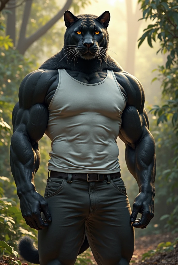 ((solo)), Anthro Mustang, (black skin:1.3), ((feline face)), a strong, male, twenty-something tiger, athletic, abdominals, (venous, torn muscles:1.3), (correct anatomy, heavy construction, massive body), (realistic skin, detailed skin texture:1.5), forest background detailed, photorealistic, (shorts, jeans:1.3), (large bulge with outline:1.2), bare torso, (detailed clothing), hyperrealistic, ultradetailed, by kenket, natural lighting, sweat, exhausted, kneeling bending position, epic