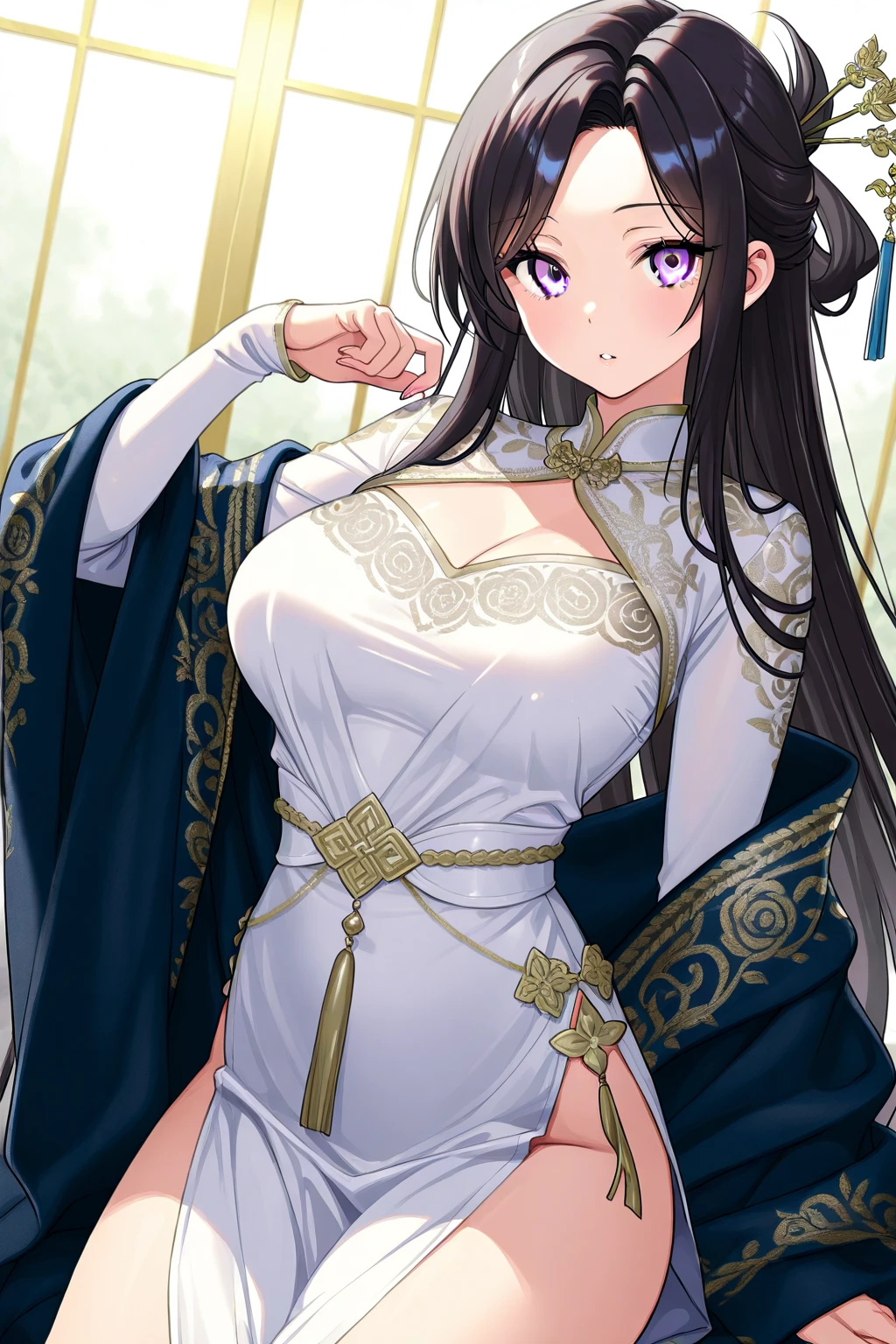 Masterpiece, 4K, (Beautiful dark-haired Asian woman: 1.2), portrait, high quality art, high resolution, high definition, centered, symmetrical, good anatomy, swollen lips, smiling, surprised, blushing, lipstick, beautiful eyes, smooth skin, beautiful woman, jewelry, Moroccan Caftan, blue fabric with gold embroidery, (focus on upper body: 1.2), style, woman, looking at the viewer, smile, symmetrical, centered, closeup, female, athletic, fit, narrow waist, realistic body proportions, realistic, photo-realistic, 8k, highly detailed, LED light, laser lights, fruit-flavored, bright, sexy, anatomically correct, symmetrical anatomy, ulzzang-6500