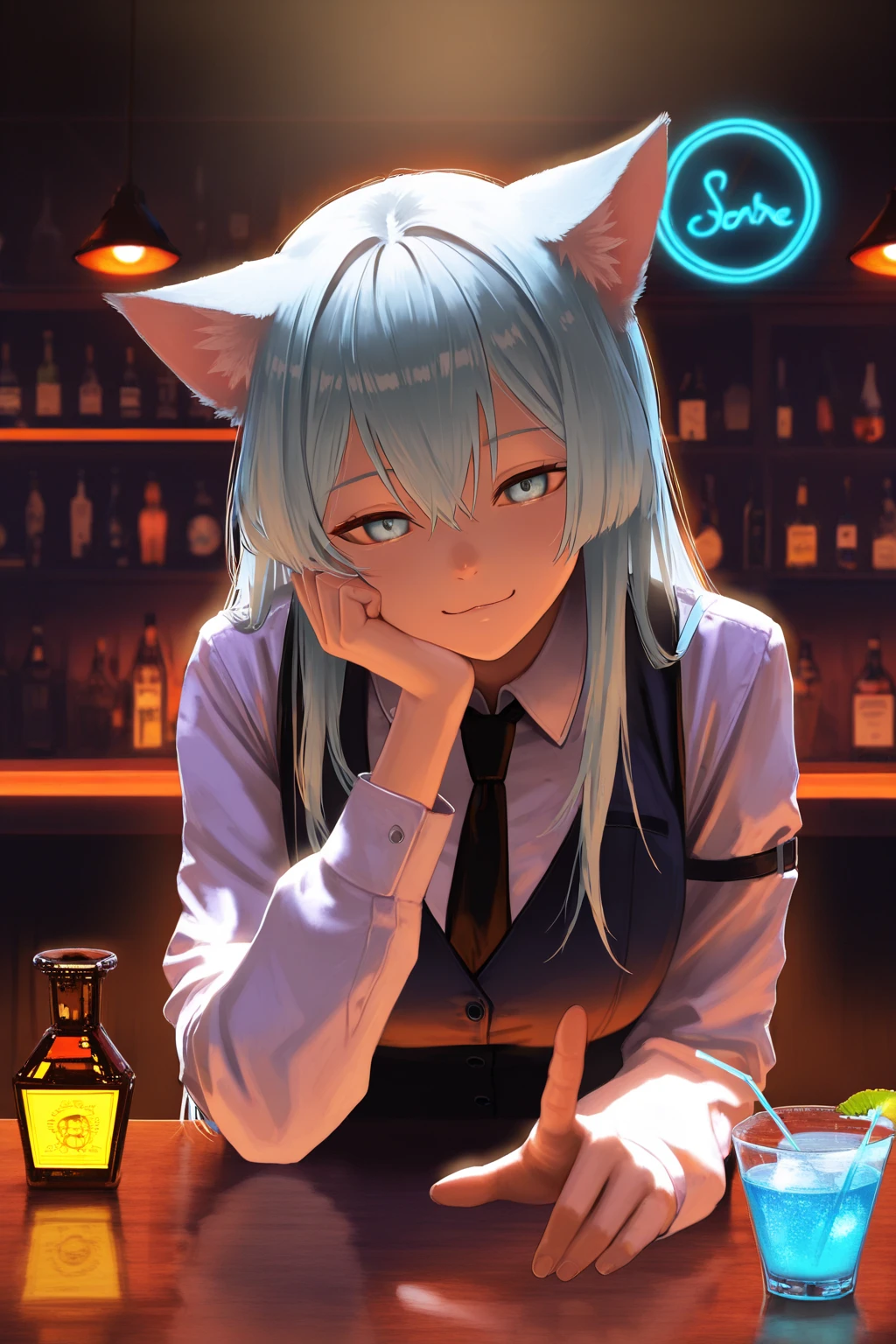 1girl, solo, (small breasts:1.1), white t-shirt, light blue hair, cat ears, yellow eyes, bar \(place\), bottle, blush, hand on own cheek, sitting, table, upper body, long hair, hair between eyes, short sleeves, sad,