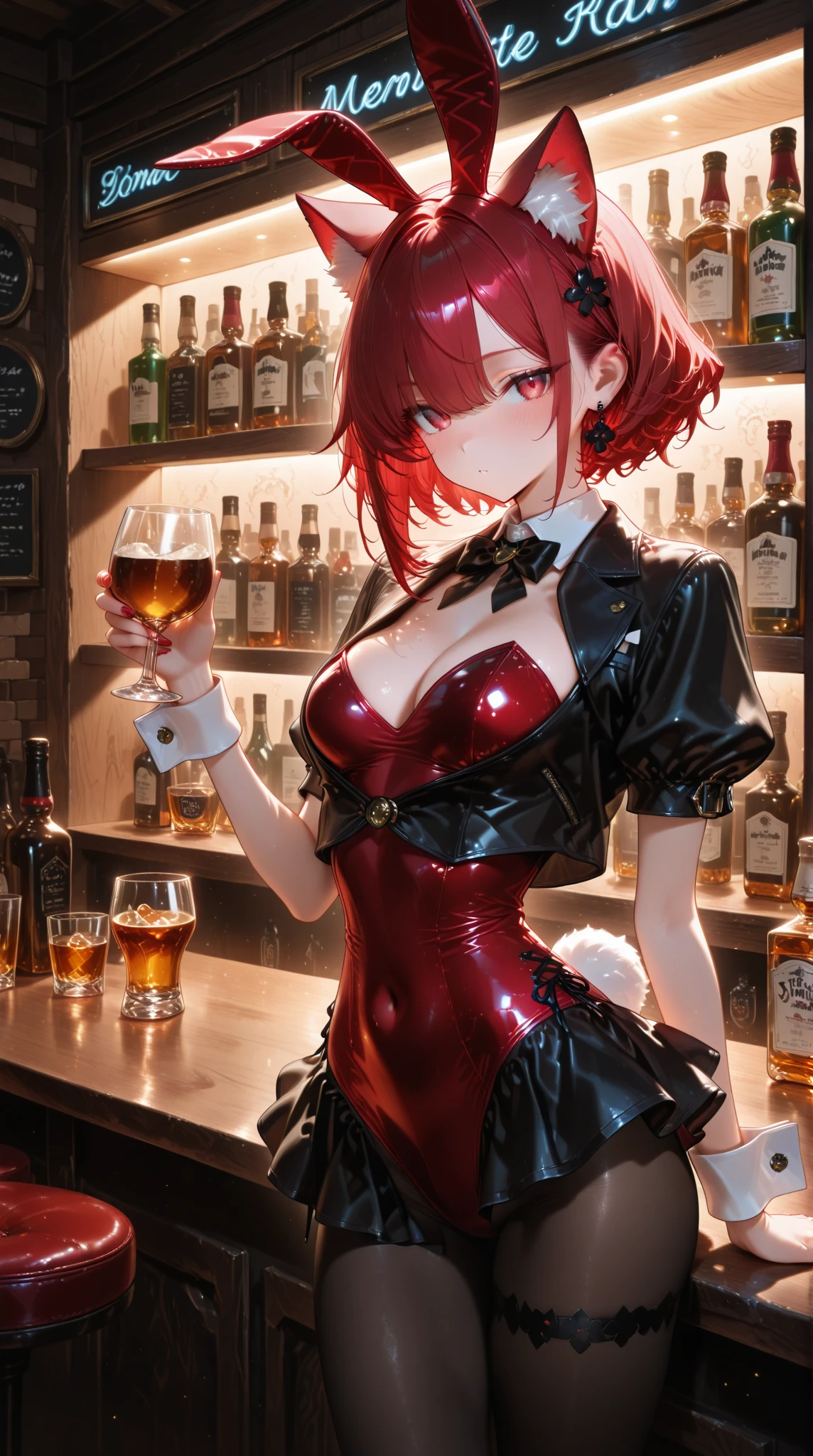 masterpiece, best quality, highres,
(1girl), callicow, large breasts, pink eyes,
long hair, pink hair, bangs,
black headwear, hat, cowboy hat, collarbone, black choker,
white shirt, (black corset), collared shirt, cleavage, buttons,
short shorts, black shorts,
boots, cowboy boots,
<lora:calli1:0.8>
cowboy shot, side view,
sitting, holding glasses, wine,
bar, tavern, on high chair,
