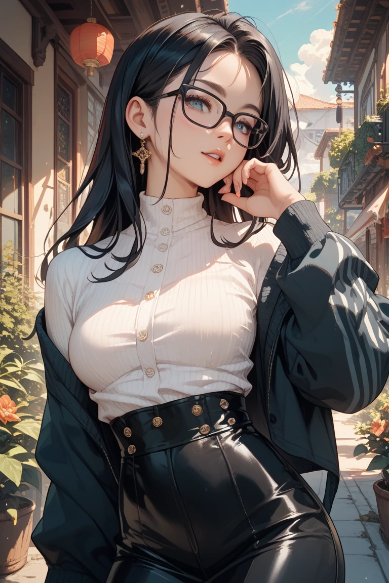 masterpiece, High quality CG, anime, figure, Highest quality, One girl, bound, bondage, Beautiful Face, Detailed face, Cowboy Shot, Tokkebi, One girl, alone, View your viewers, Black Hair, Braiding, Glasses, Black gloves, belt, pants, Iris, twin Braidings, Striped Hair, Black Hat, Bodysuits, black pants, 丸いGlasses, black Bodysuits, Beanie, Hair behind the ear,