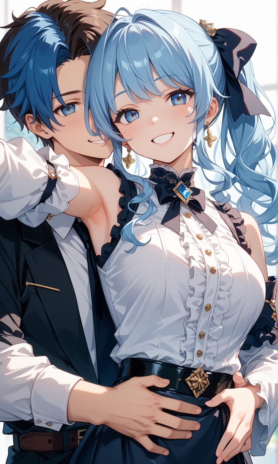 NSFW,masterpiece,Highest quality,High resolution,Super detailed,Star Town Suisei\(Hololive\),Blue Hair,One Side Ponytail,Blue Eyes,Small breasts,White leotard,High leg,Removable sleeves,Micro Mini Skirt,Adventurer&#39;s Guild,Reception counter,Embarrassed,blush,Expecting face,is nervous,(Molester),(Strong-faced men),Man smiling,A man puts his hands on her waist and hugs her