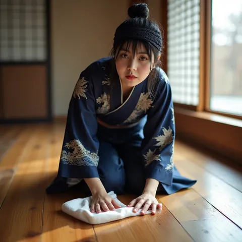 The traditional Japanese housewife's daily routine of mopping the floor