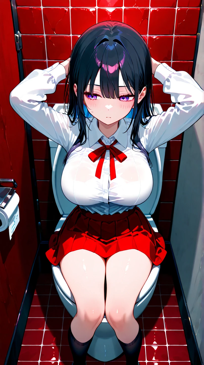best quality,ultra-detailed,high resolution,newest,uncensored,nsfw,1girl,thighhighs,large breasts,sweat,steam,school_uniform,white_shirt,rikka takarada,black hair,blue eyes,long hair,lips,,white cardigan,mini_skirt,pleated skirt,private room,on the chair,chair,girl trembling with sexual climax,embarrassed,orgasm,,aroused,15 years old,clenched teeth,covering own eyes,covering face,lifted by self,shirt lift,spread legs,big black dildo,straddling,legs up,sitting,masturbation