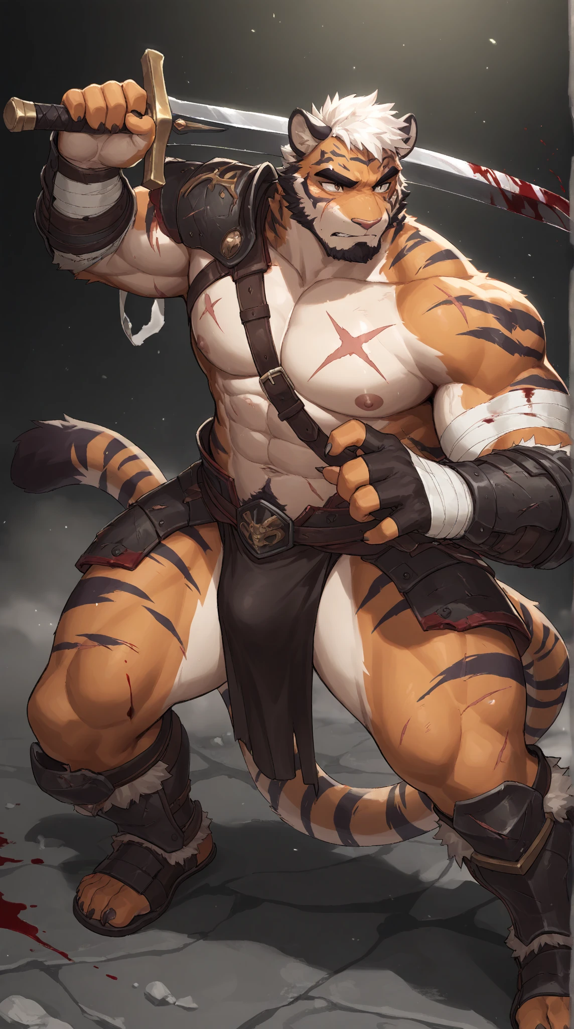 A naked muscular white tiger orc with a belt tied around his body