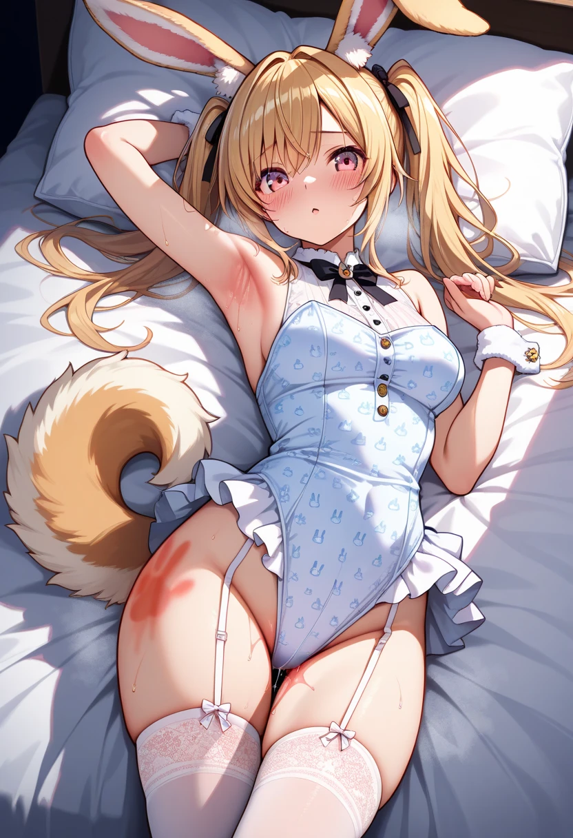 Highest quality, Highest quality, High quality illustrations, masterpiece, Ultra-high resolution, Detailed Background, Bedroom, Absurd, Perfect Anatomy, performance, Good lighting, Shadows in the movies(kemono, Furry Personifi猫ion), Fox, lingerie,stockings、 Dynamic Angle、Young、young、Long Hair、Anime-like face、Genshin Impact、Genshin Impactのキャラクター、Big Breasts、thick legs、Nipples are visible、Showing her nipples、Expose、Areola、Sensual posture、Posture with the crotch sticking out、Sensual look、puffy nipples、