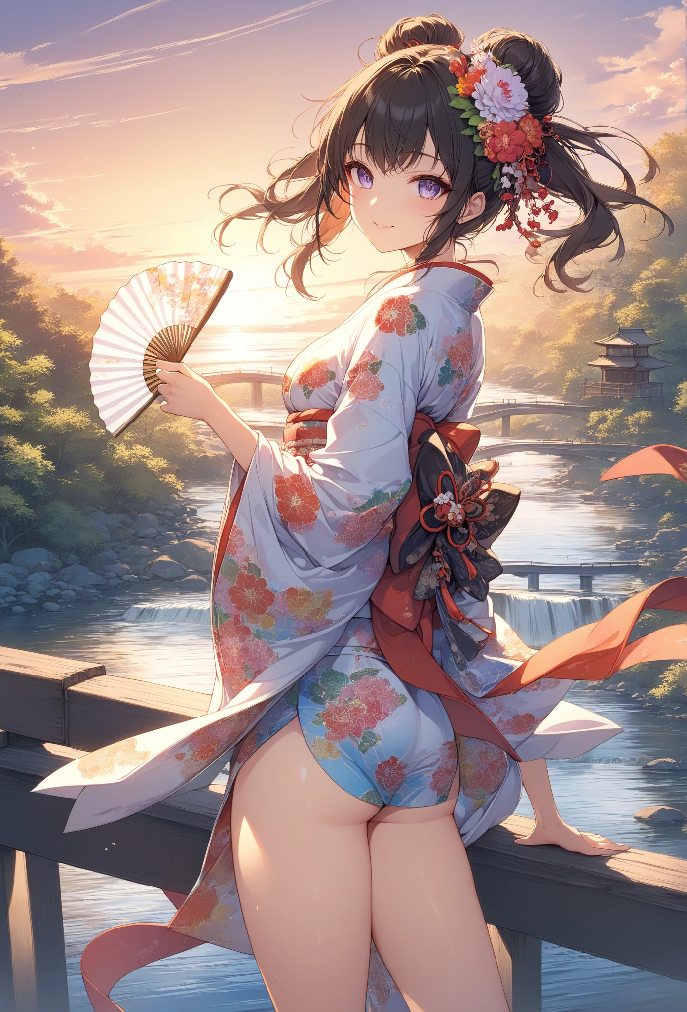 ((panty shot)),((lifting skirt)),((white beautiful panties focus)),Vulgar,low angle,from below, cleavage,(( looking back at the viewer)),
(looking back at the viewer),full body,low angle,from below,♥(japanese flower printed yukata),(bathing in the spa), ((1girl,cute,young,Semi long beautiful black hair,blunt bangs,beautiful green eyes)),(solo),((masterpiece, highest resolution,best quality)), ((realistic:1.5,Beautiful girl RAW photo)), (bathing in the spa),(japanese flower printed yukata),  innocent smile,cinematic lighting,beautiful outside open spa, rocks,natural beauty,full moon,night sky
