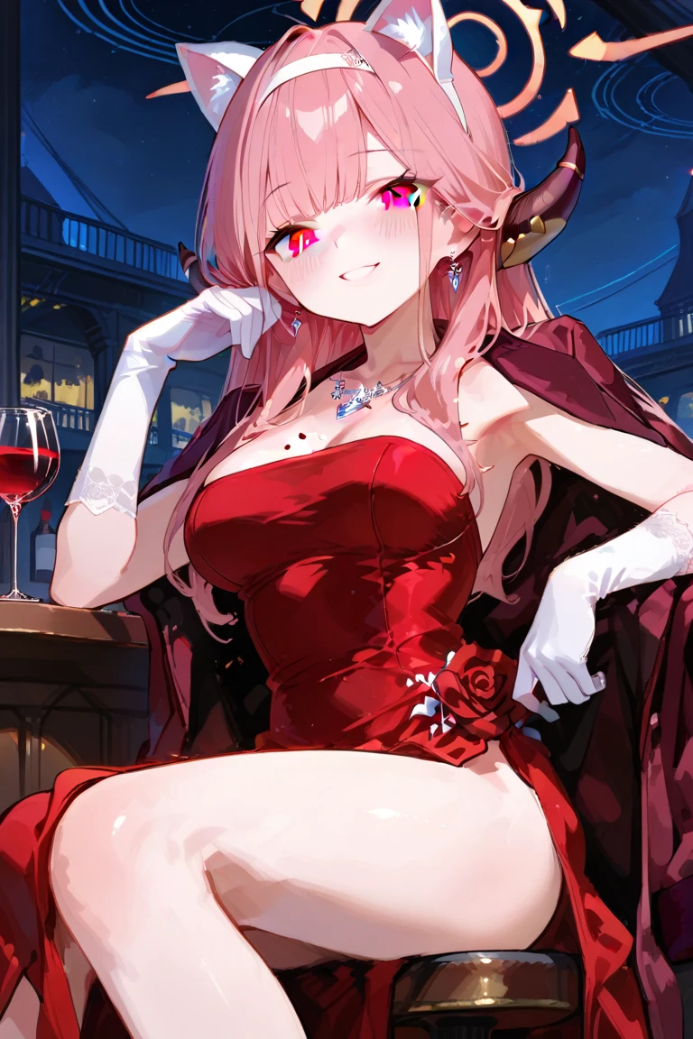 1girl, 18 years old, long pink hair, red eyes, red short long dress, princess death, skull hair clip, serious, holding glass of wine, boobs, hour glass body.