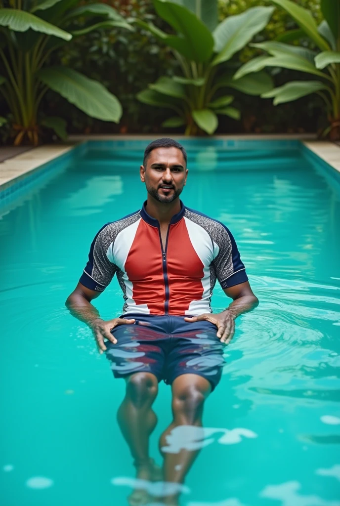 Man sitting next to a swimming pool with a speedometer. Tiene un bulto gigante. El es joven y tiene el pelo negro.