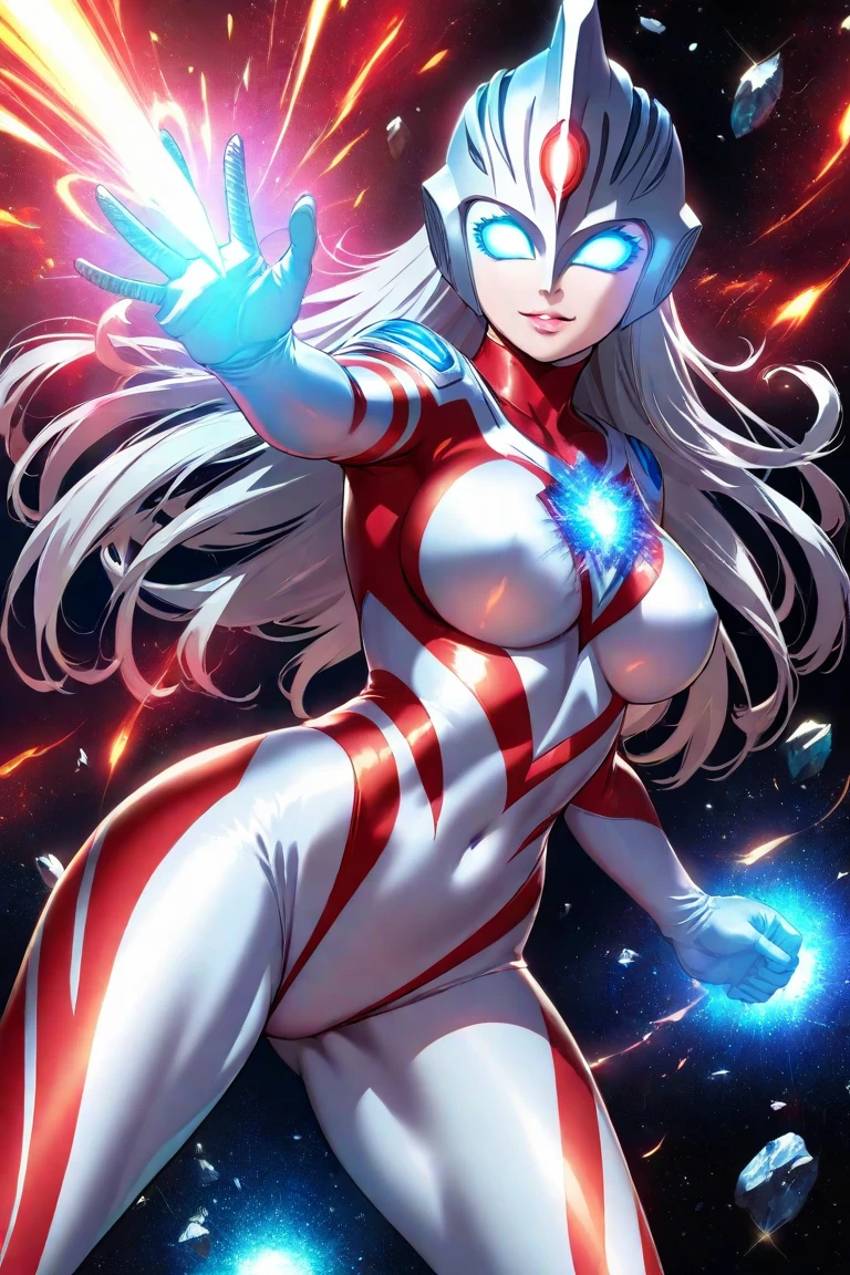 UHD, masterpiece, ccurate, anatomically correct, textured skin, super detail, high details, high quality, award winning, best quality, highres, 16k,18 years old,1girl,solo,female face, tokusatsu,black hair,layered hair,blue eyes,full-face blush, embarrassed,plain clothes(silver and red ultraman bodysuit),ultrawoman,((Super Strong Super Huge gigantic breasts)),((pointy breasts)),((glowing red gem on chest)),(gigant),moonlight,taller than building,chest up,fighting stance