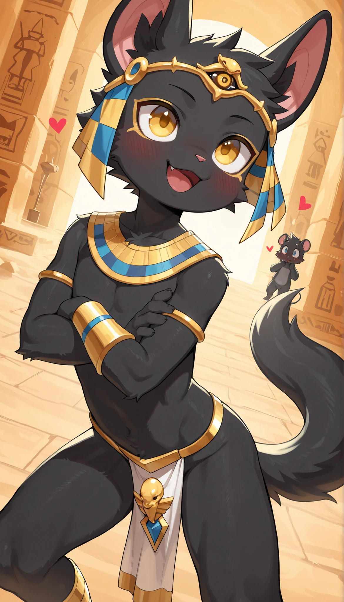 (epic, Dynamic angle)High qualityสุด, best quality, High quality , (I was wrong) ( boy, Furry Anthro), I was wrong, anubis boy, dog boy, black fur, Short statue, innocent, innocence, look at viewer, Egypt adorned, Dynamic angle, From a bird's eye view, Short stature, young boy, open mouth, , friendly monster anubis boy, Affected, relax, lovely boy, bedroom, all four