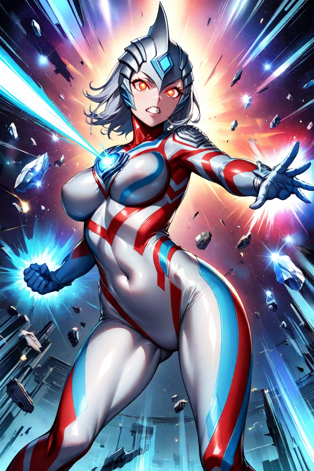 (masterpiece:1.2,Highest quality,Highest quality,High resolution,Very detailed),8k,1 female,Mature female heroine,40 years old,(女性のUltraman:1.5),(Dynamic Makeover:1.2),(Dynamic hair movement:1.2),(short hair),(Shiny Ultraman uniform),(Glowing Skin,Big eyes,Droopy eyes,Long eyelashes,Beautiful thighs,Beautiful Hair,Beautiful Face,Beautiful Eyes,Beautiful body,Beautiful breasts,Beautiful feet,Beautiful fingers),break((Ultraman)),((Ultraman_rise:1.5)),((hand)),(Raise your right fist straight up),(右handはパンチ),(Extend your right arm straight),((Detailed drawing of a fist),(Severe),(The background is a glowing prism flash),((Wrapped in dazzling light)),((Beautiful trading cards,Diamond Card))