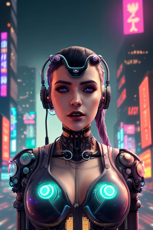 masterpiece, best quality, high resolution, 8k, (Portrait Photos:1.5), (R Original Photo), real picture, Digital Photography, (A fusion of cyberpunk and fantasy), 20 year old girl, solo, (((black sunglasses, headphone))), Feel free to hairstyle, Purple Eyes, By Bangs, (large breasts, cleavage, Accessories, Elegant and charming, Combination of cyberpunk and fantasy style clothing, Hollow carving design, Photo poses, Realistic style, (((((((pistol shooting pose))))))), oc render reflection texture, sentry, (((((Cyberpunk style future city, giant (Easter Island Moai) shape buildings))))), night, Bustling streets, (((((half-body (thigh level) medium shot))))).